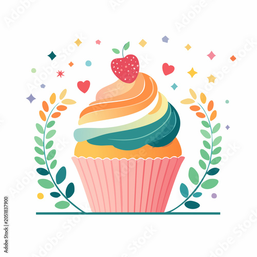 Colorful Cupcake with Strawberry and Floral Accents