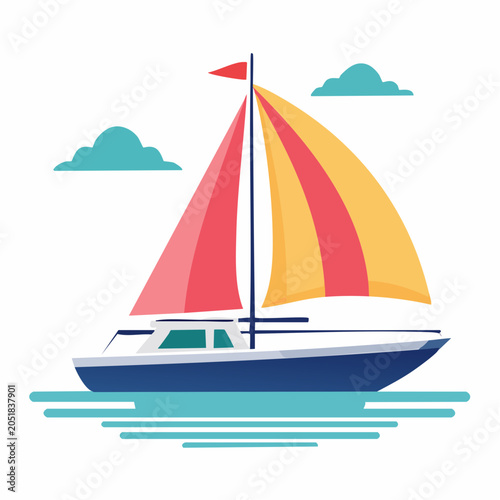 Colorful Sailboat Illustration on Water with Clouds