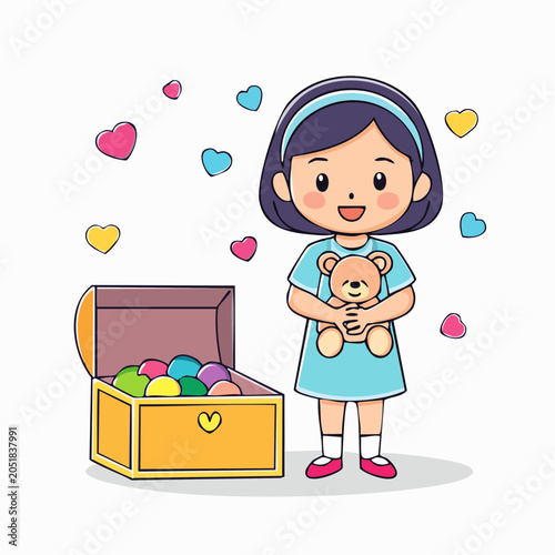 Girl with Teddy Bear and Treasure Chest of Colorful Eggs
