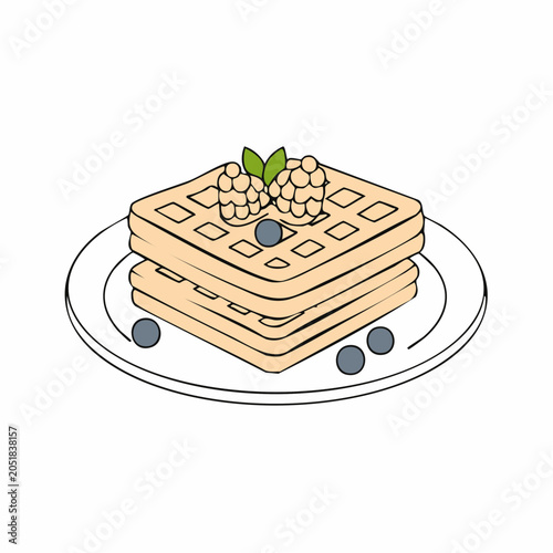 Stack of Waffles with Berries and Blueberries on a Plate
