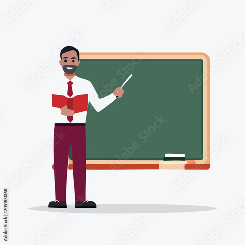 Teacher with Book and Pointer at Chalkboard