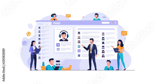 Professional business team working on digital customer relationship management platform interface.