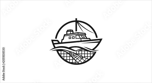 Φωτογραφία Fishing Boat with Net and Waves Emblem.