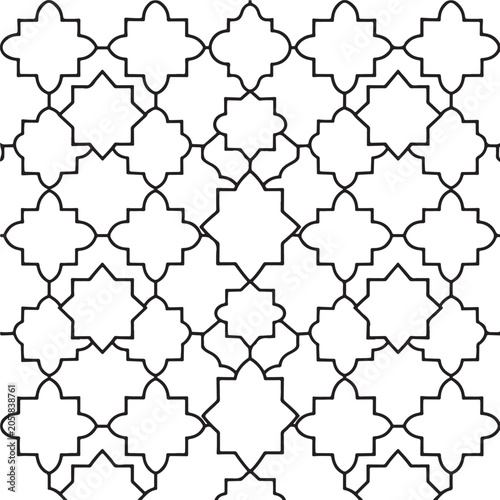 Seamless black and white geometric pattern with repeating star and quatrefoil shapes