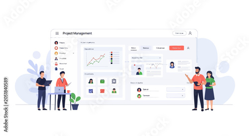 Professional project management dashboard interface with team members working together.