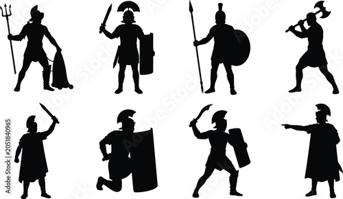Bild auf Leinwand Ancient Roman Warrior Silhouette Collection with Shields Spears and Weapons