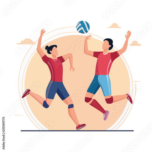 Two volleyball players in action, flat design illustration