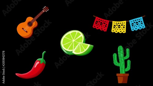 2D Animated Mexican Fiesta Collection with Guitar Lime Cactus and Chili