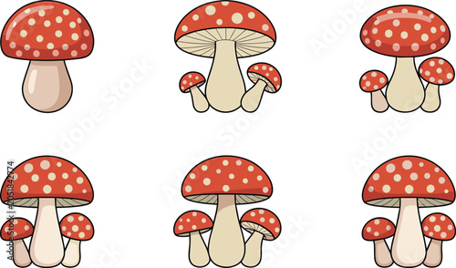 Foto Flat Red Amanita Muscaria Fly Agaric Mushroom Vector Set with White Polka Dot Ca