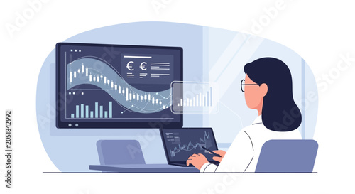 Professional woman analyst working with stock market data on computer screens.