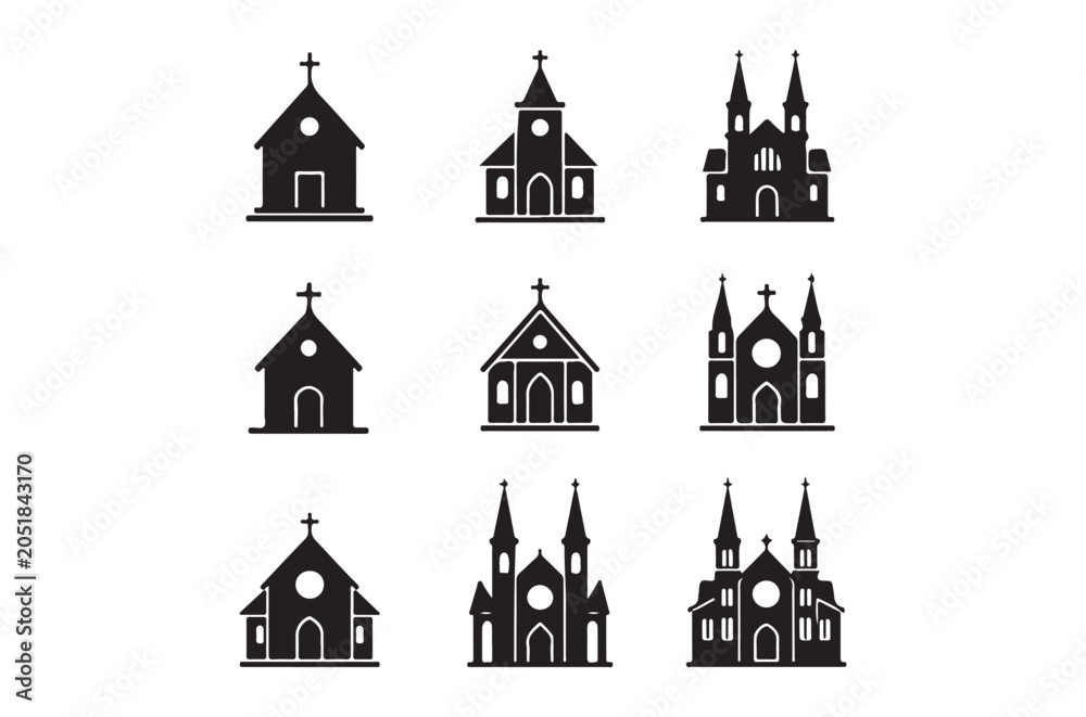 Fototapeta premium Church Silhouettes Collection Black Icons On White Background