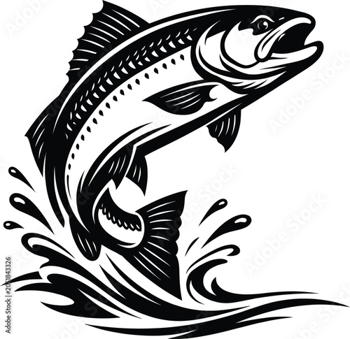 Dynamic Salmon Leap — Minimalist Black Ink Vector