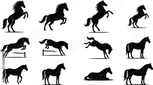 Bild auf Leinwand Horse Silhouette Collection Set with Rearing Jumping Standing Running and Restin