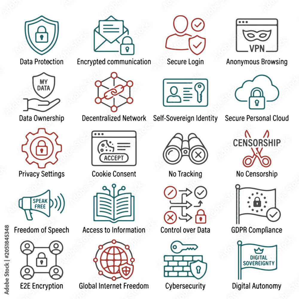 Fototapeta premium Digital Sovereignty and Control over Data Icons Representing Privacy Security Autonomy