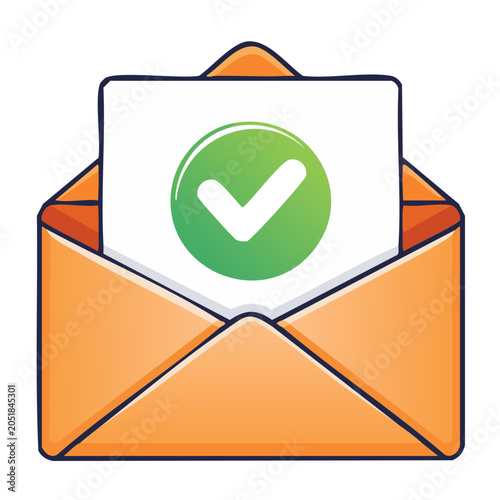 Orange envelope with green checkmark inside, flat illustration