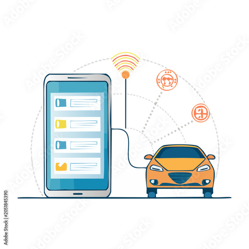 Smartphone controlling car via wireless connection, flat design