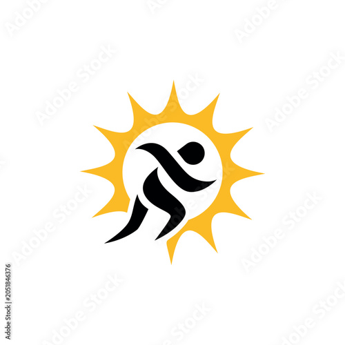 Running and Sun Logo Icon Design, Golden Run Logo Illustration