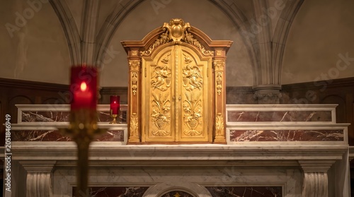 Ornate Golden Tabernacle Door on Marble Altar Sanctuary Lamp Catholic Sacred Presence Solemn