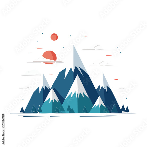 Flat design mountain range with sun and trees