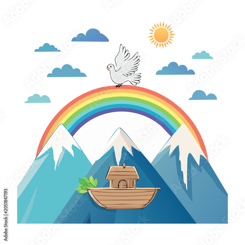 Noah's Ark with Dove and Rainbow Over Mountains