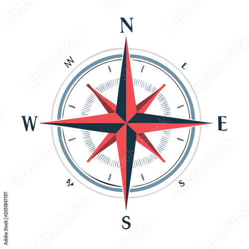 Red and blue compass rose on white background