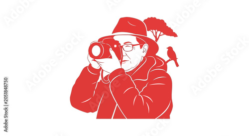 Schilderij op canvas Man with binoculars looking around outdoors.