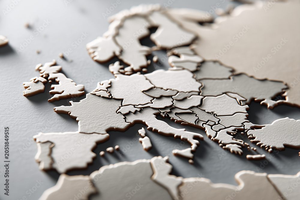 Fototapeta premium Monochromatic white and grey 3D Europe map background, 단색조의 화이트 및 그레이 유럽 3D 입체 지도 배경