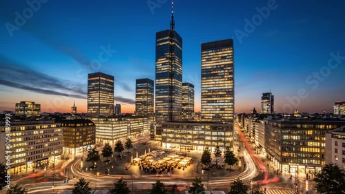 Frankfurt square time lapse showing busy streets and modern buildings with sunset view near VSRExport