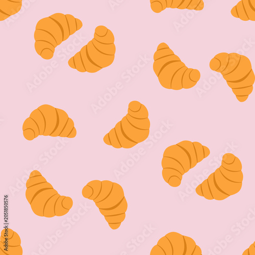 Фотография Many golden buttery croissant pastries on soft pink background, perfect for bakery branding, food packaging, or cafe menus
