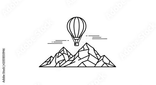 Minimalist hot air balloon flying over mountains line art