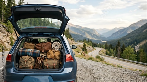 Loaded car trunk with travel bags parked on a scenic mountain road trip