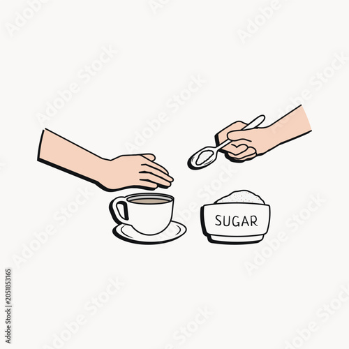 Hand stopping sugar from being added to a cup of coffee. Minimal line art style vector illustration