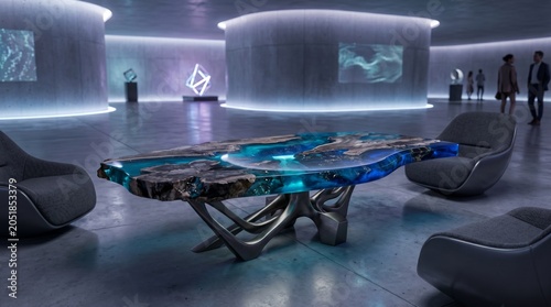 Abstract Avant-Garde Table Petrified Wood Epoxy Resin Futuristic Gallery Interior Ambient Video
