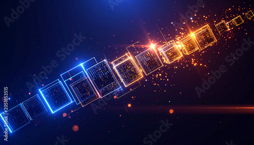 Digital Flow of Data Cubes: Abstract visualization of glowing cubes, representing data blocks, flowing in a dynamic sequence, transitioning from cool blue to warm orange hues.