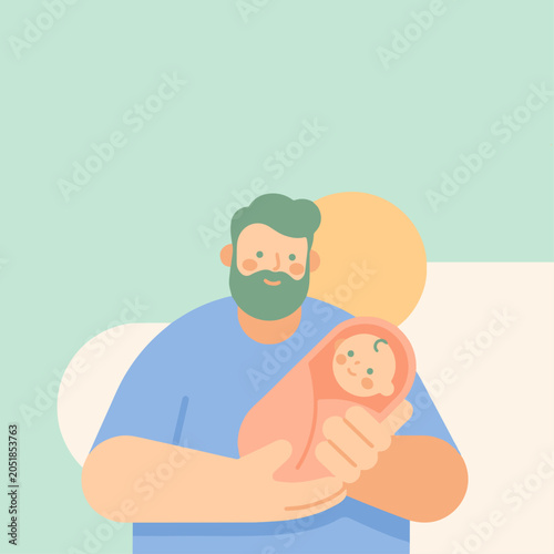 Cute flat style vector illustration, father is holding a baby