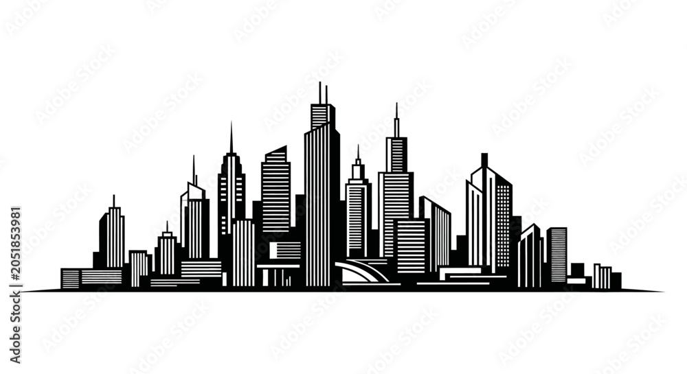 Fototapeta premium Modern city skyline illustration in black and white silhouette