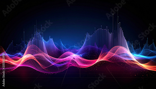 Digital Soundwave Symphony: An abstract visualization of soundwaves, rendered in vibrant neon hues of pink, purple, and blue, creating a mesmerizing.