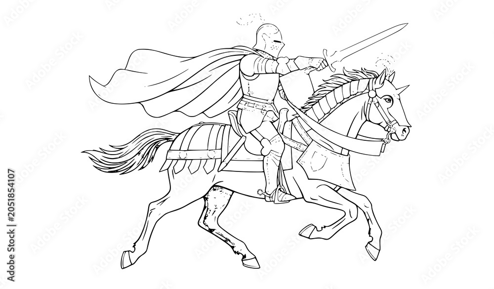 Fototapeta premium Heroic Knight on Horseback Holding Sword Vector Medieval Cavalry Illustration