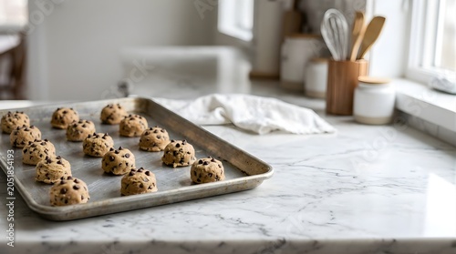 Raw chocolate chip cookie dough portions arranged on baking sheet in kitchen