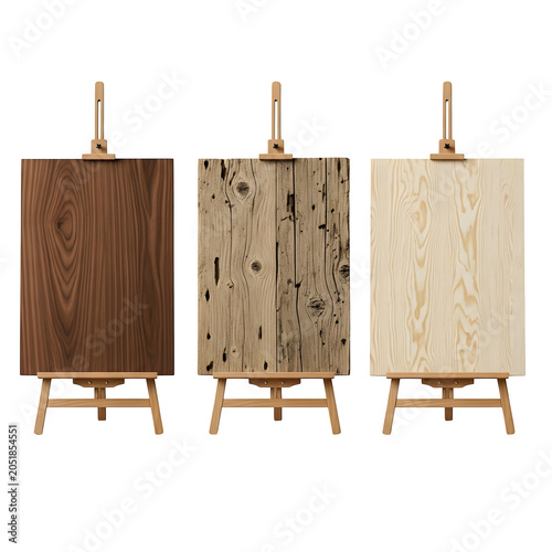 Three blank wooden easels standing side by side