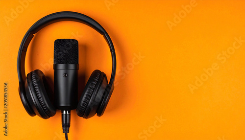 Podcast Studio Setup: A professional microphone and headphones rest on an orange background, ready for capturing sound for podcasts, music, or voiceovers.