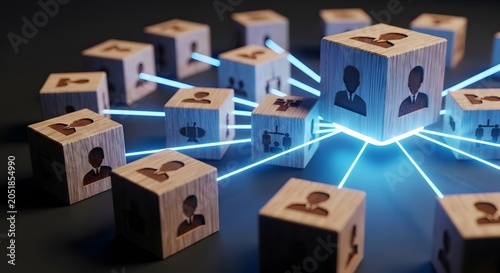 Network of people icons on wooden cubes connected by glowing blue lines