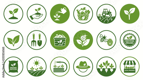 Green icons of organic farm products.