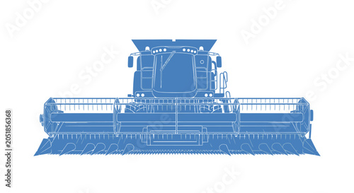 Large blue combine harvester machine.