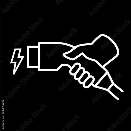 Hand holding charger connector icon, Electric car charging plug sign,. Vector graphic, not Artificial Intelligence, logo illustration. Replaceable vector design.