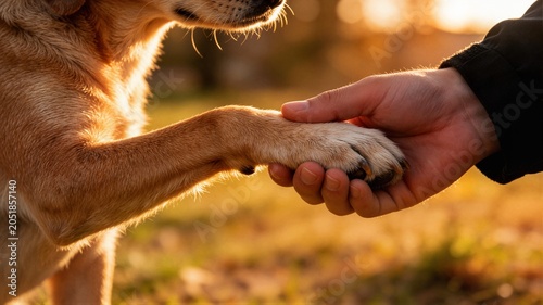 Close up of dog paw holding human hand on nature background ideal for animal friendship loyalty veterinary trust banner