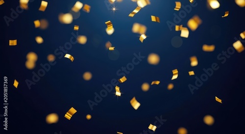 Golden confetti and bokeh lights on dark blue background for celebration
