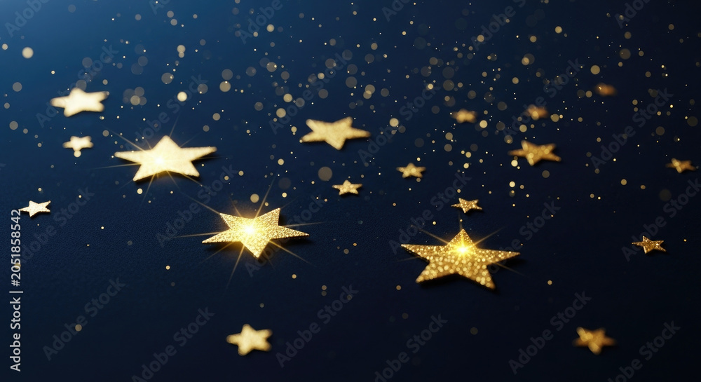 Fototapeta premium Golden stars shining on dark blue background with bokeh lights