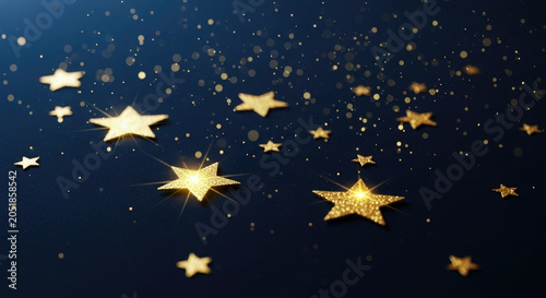 Golden stars shining on dark blue background with bokeh lights