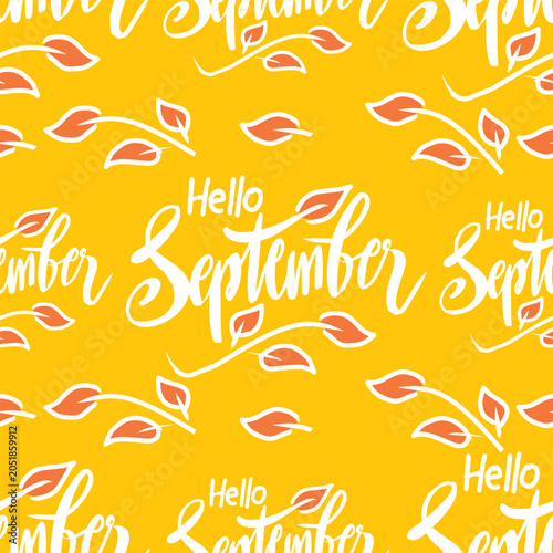 Hello September hand lettering. Seamless pattern with hand-lettering. Vector illustration